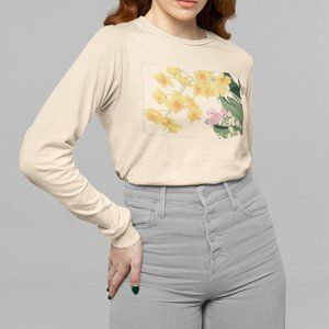 Japanese Yellow Orchids Ukyio-e Print Long Sleeve Graphic Tee T-shirt S M L XL